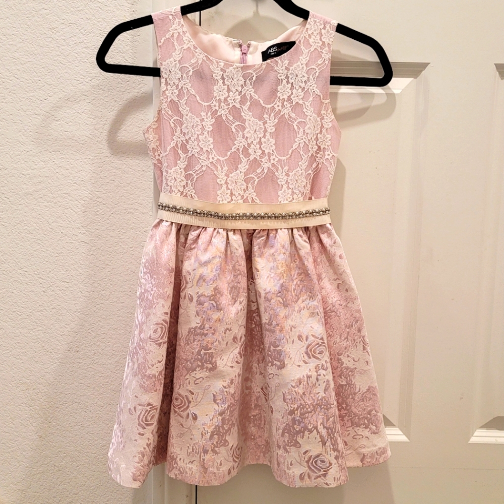 Gorgeous ABS Allen Schwartz Girls Pink cream lace rhinestone dress Valentines